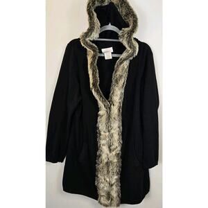 Black Faux Fur Hoodie Sweater Jacket Knit Cardigan PLUS 1X Clasp Closures Luxur